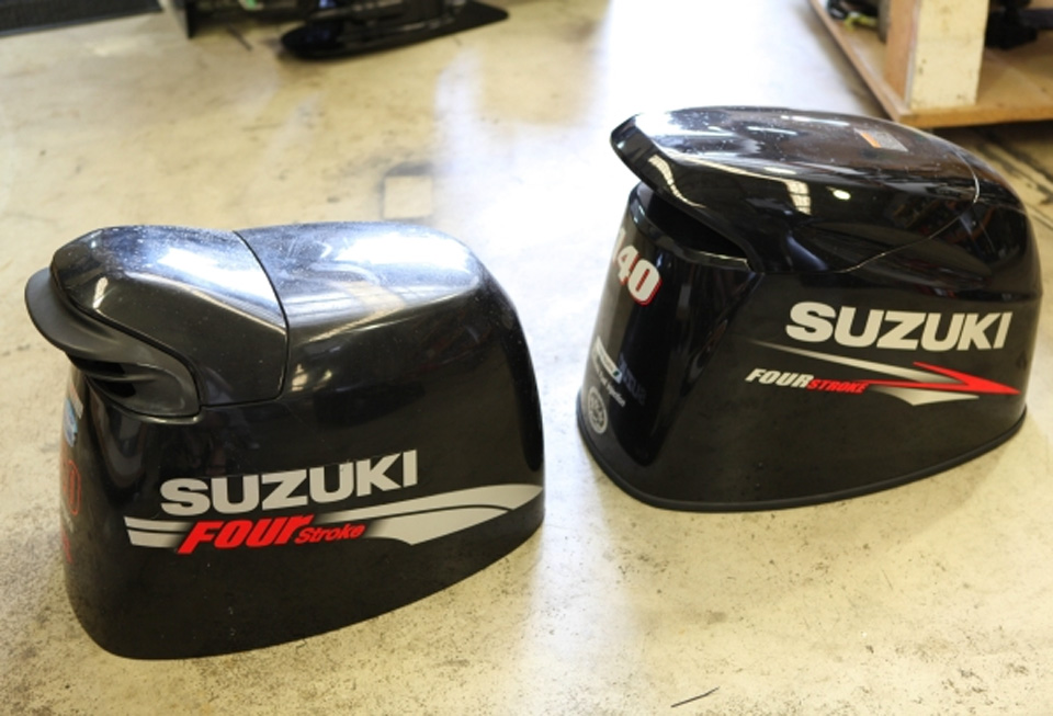 Suzuki's old cowling, left, next to the lighter and re-designed model